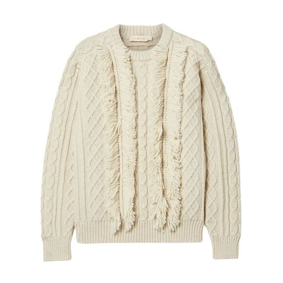 Tory Burch Womens Kendra Fringe Cable Knit Sweater X-Small New Ivory - NWT $498